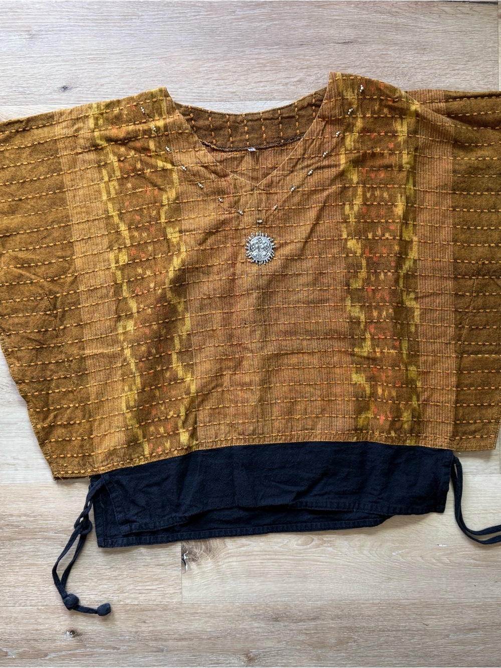 Vintage Thai Cotton Hilltribe Poncho Shirt • Earthy Boho Ikat Top w/ Drawstring